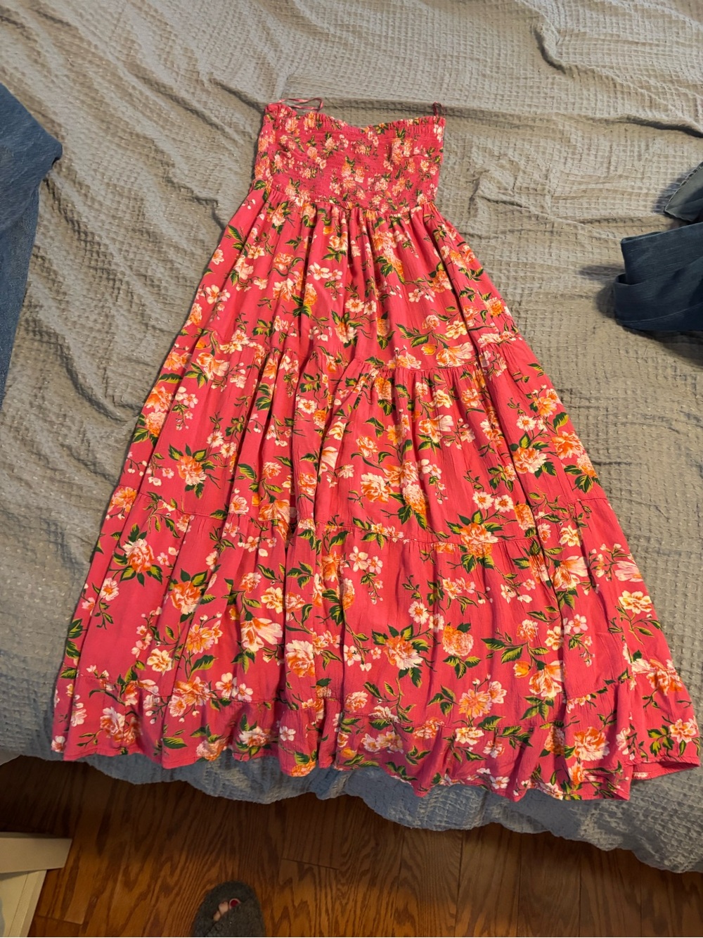 Angie Coral-Pink Floral Strapless Maxi Dress
